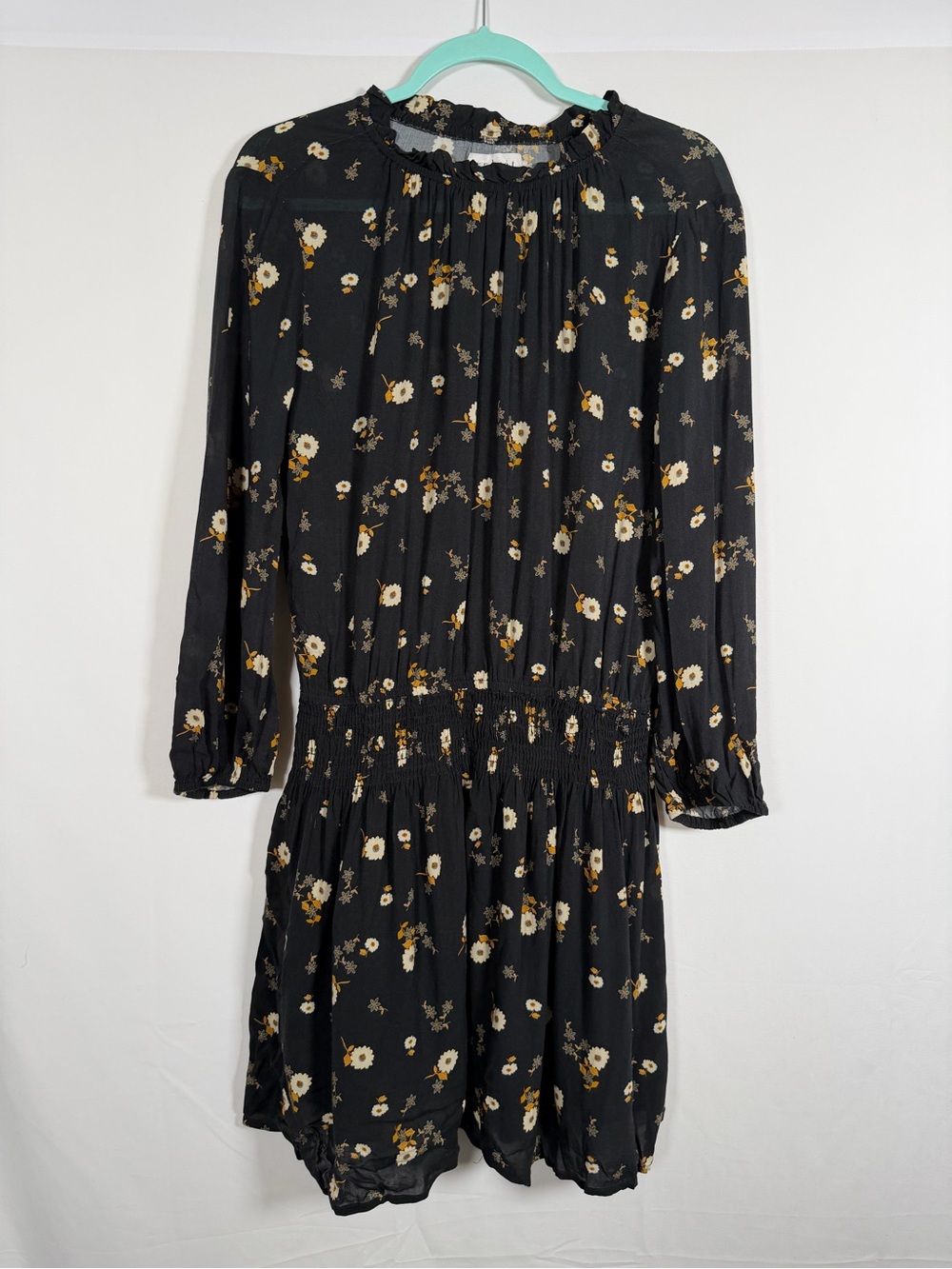 Velvet by Graham & Spencer Black Floral Long-Sleeve Cottage Smocked-Waist Dress